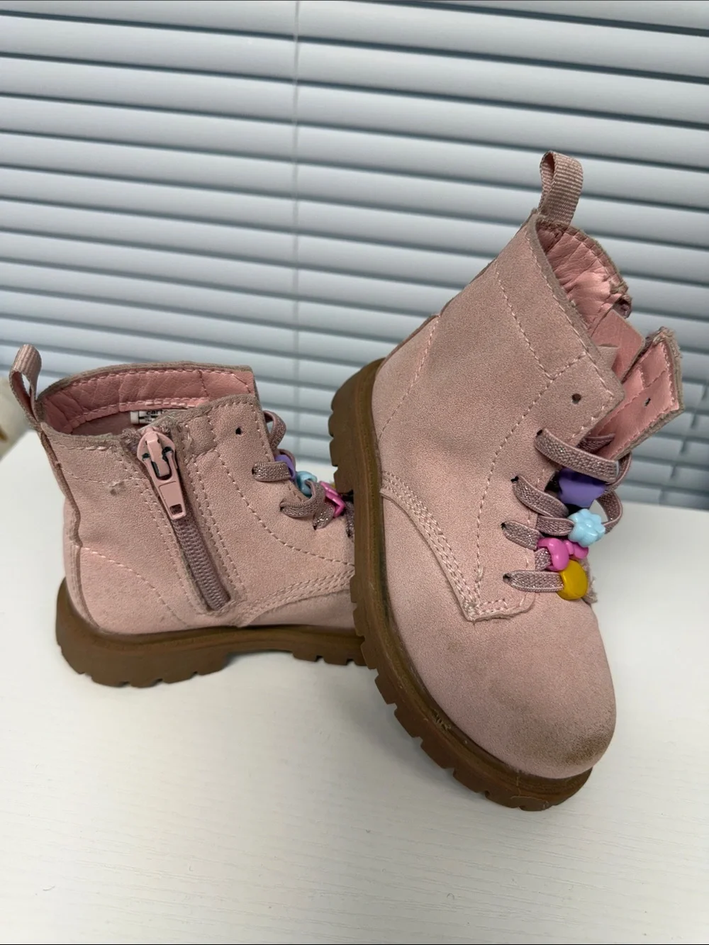 Carter's Pink Suede Lace-Up Kids Boots with Colorful Charm Beads